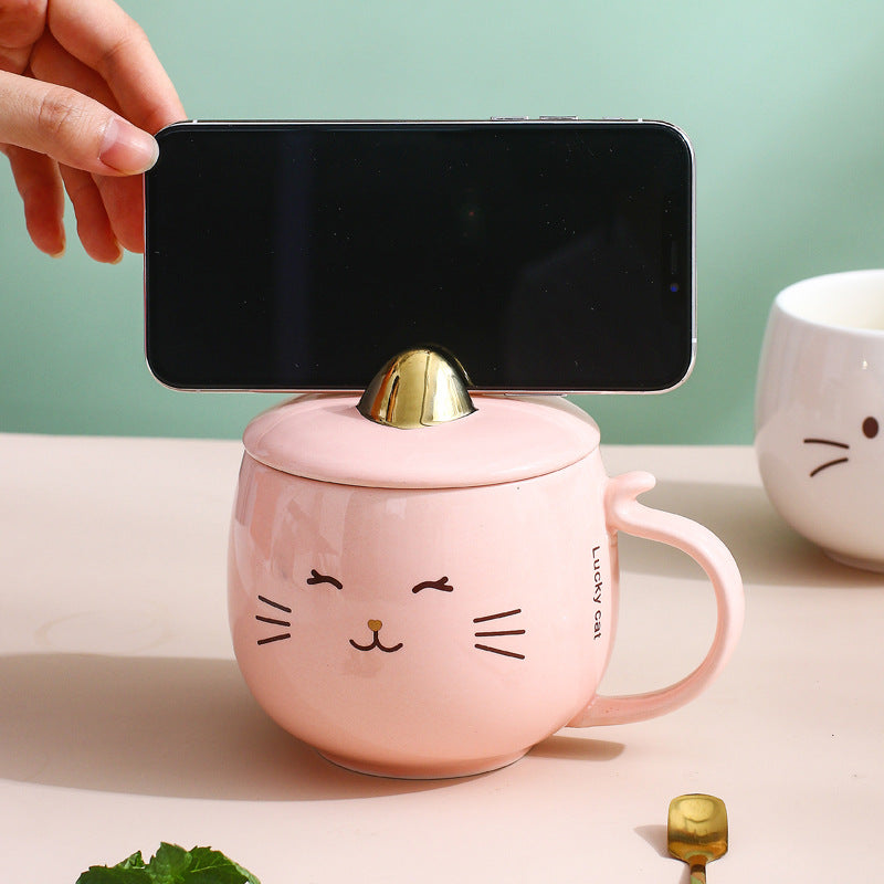 Cat Ceramic Phone Holder Mug With Cover And Spoon